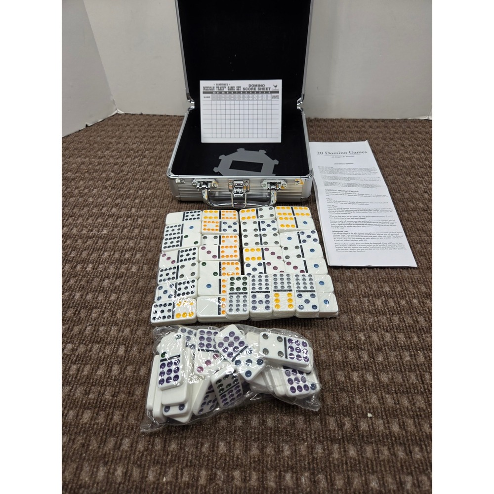 Cardinal Mexican Train Dominoes Set Double 12 Color Dot Aluminum Case Sealed